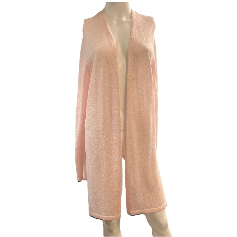 J Jill Cardigan Pink Linen Blend Duster Open Front Size L Open Knit Lightweight